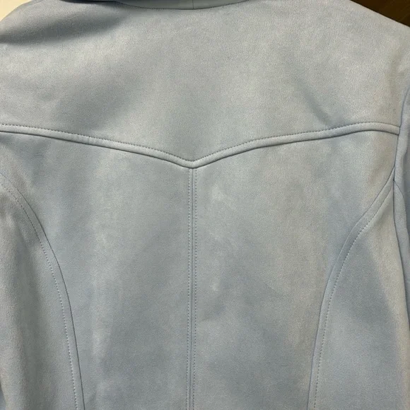 NWT White House Black Market Faux Suede Drape Front Jacket Baby Blue Size M